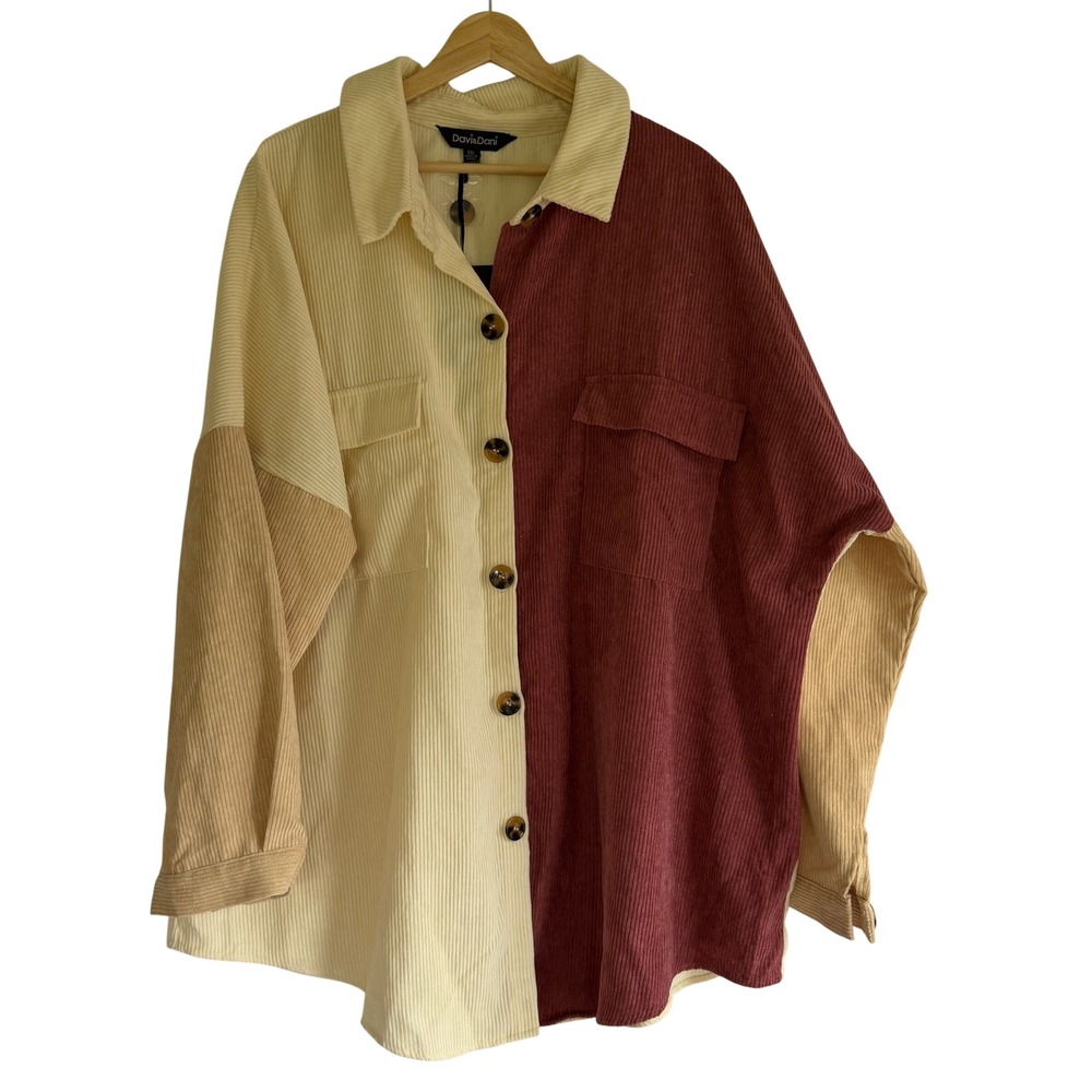 Davi & Dani Women Colorblock Corduroy Oversized Shacket Mauve Cream 2XL PT10347
